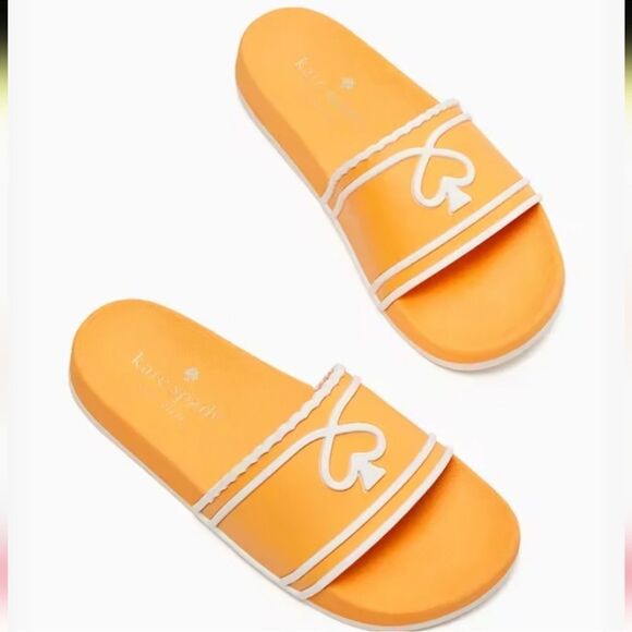kate spade 8, 9 Brigitte Pool Slide Sunset Blaze Par Gold White - Picture 1 of 6